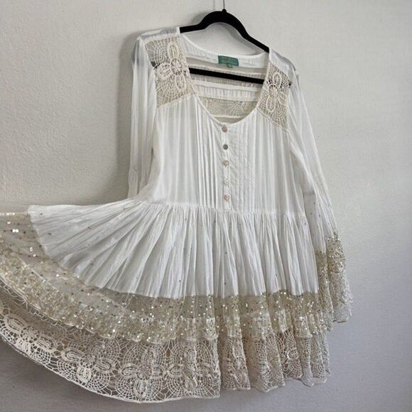 Amlica Santoria by Giacomo Cinque White Sequin Lace Tiered Tunic Boho Dress OS - Picture 7 of 12
